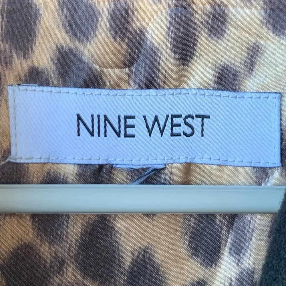 NINE WEST Women’s Black Wool Blend Button Front Animal Print Lined Long Coat